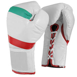 Gants de boxe en cuir blancs à doigts entiers avec rayures rouges et vertes, fermeture éclair et poignet auto-agrippant pour entraînement unisexe adulte - Product Image 1