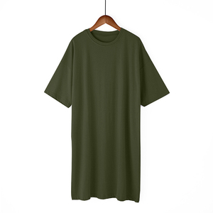 เสื้อยืดสตรีสีเขียวมะกอก100% ผ้าฝ้ายถักทรงหลวมแบบลำลองยาวระบายอากาศสีทึบ - Product Image 1