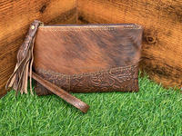 Dompet tangan kulit sapi asli, dompet kantong coklat ukiran Tooled Patch Barat rambut pada kulit bulu