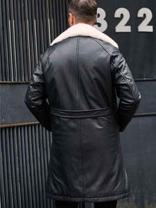 Veste longue en cuir noir pour homme avec doublure en fausse fourrure, col rabattable, coupe-vent, manteau d'hiver, style décontracté, coupe régulière - Product Image 3