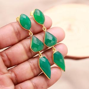 Handmade Green Onyx Faceted Fancy Shape Gemstone <b>Stud</b> <b>Earrings</b> Vermeil Gold Bezel <b>Set</b> for Wedding Anniversary or Gift - Product Image 2