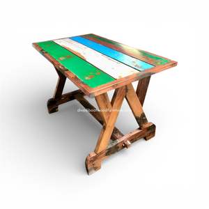 Table à manger artisanale en bois de bateau récupéré, couleur naturelle, pour extérieur, jardin, parc, maison, meuble démontable - Product Image 1