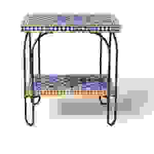 Taburete con Incrustaciones de Hueso Azul Rey y Estructura Metálica – Taburete Otomano de Lujo Hecho a Mano - Product Image 1