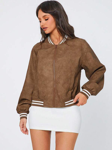 Women's <b>Cropped</b> Letterman Varsity <b>Jacket</b> Cotton Blend Bomber Coat Casual Streetwear Wholesale Manufacturer - Product Image 4