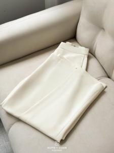 Women's Cream Modern Wide Leg Open <b>Split</b> Pants Polyester Spandex Premium Tailored <b>Trousers</b> Casual Style ELOWEN - Product Image 5