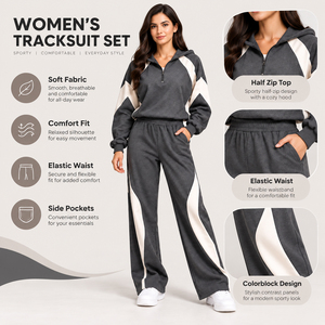 Conjunto Deportivo para Mujer al por Mayor: Sudadera con Capucha y Media Cremallera en Bloques de Color con Mangas Chevron Crema y Pantalones Deportivos de Pierna Ancha a Juego - Product Image 6