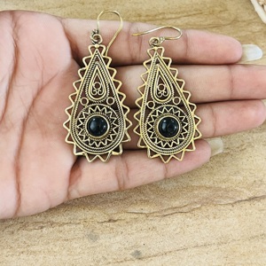 Unique Design Teardrop Dangle Earrings Silver Eye Boho Brass Jewelry Children's Antique Brass Finish Tribal Black Onyx <b>Gift</b> - Product Image 4