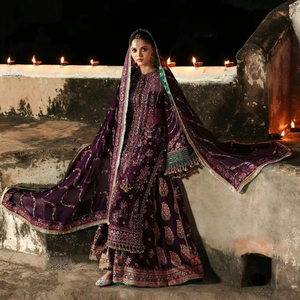 Vista detallada del vestido Anarklai pakistaní premium, un maxi largo en capas de color rosa melocotón pastel suave con un corte acampanado y ampliamente adornado. - Product Image 1