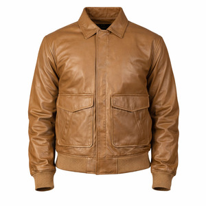 Unisex Tan Genuine Leather Motorcycle Bomber Jacket Classic Flap Pocket Design Ribbed Hem Casual Eco-Friendly <b>Waterproof</b> Front - Product Image 1