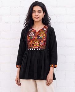 <b>Indian</b> Ethnic Wear Black Gamthi Lace Kodi Lace Rayon Kurti Trim V Neck Ethnic <b>Top</b> Women Navratri Festival Recycled Materials - Product Image 1