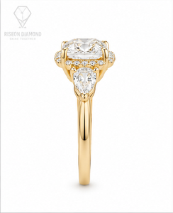 Luxurious cushion halo ring in 18K yellow gold with dazzling cushion diamond round halo and pear side stones couture brilliance - Product Image 4