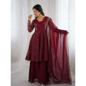 Conjunto de Fiesta Hecho a Mano con Estampado Floral, Top, Pantalón y Dupatta, Cintura Imperio, Tela de Chifón con Bordado de Lentejuelas - Product Image 4