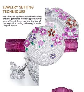 Luxury <b>Diamond</b> Floral Wristwatch Women Fashion Quartz <b>Watch</b> Colored Gemstone Flower Case Leather Strap Elegant Ladies Timepiece - Product Image 2