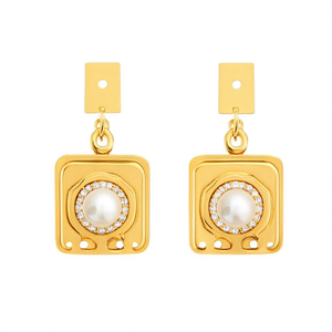 18K Gold Plated Square Stud Jhumka Earrings with Imitation Pearl and Zircon - Product Image 2