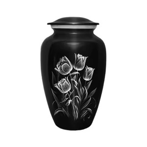 Urne funéraire officielle noire gravée de fleurs de tulipes blanches, en métal, pour niche de columbrière - Product Image 1