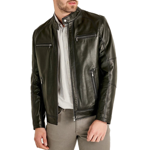 <b>Men</b> Premium Leather Moto Jacket Stand Collar Zipper Closure Slim Fit Black Regular Sleeve Autumn Style - Product Image 1