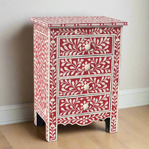 Commode à 4 tiroirs en bois sculpté à la main, incrustations osseuses rouges et blanches traditionnelles, meuble de salon aux prix les plus bas - Product Image 1