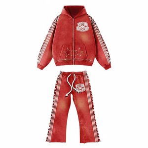 Ensemble survêtement jogging homme grande taille, coupe ample, avec strass, personnalisé, délavé à l'acide, par sublimation, comprenant sweat à capuche court et pantalon de survêtement, style streetwear, OEM ODM - Product Image 5