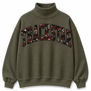เสื้อสเวตเชิ้ตคอเต่าสีเขียวมะกอกเข้ม Trackstar ลายตารางแดงผสมตัวอักษร แขนยาว สำหรับเสื้อผ้าสั่งทำขายส่ง - Product Image 1