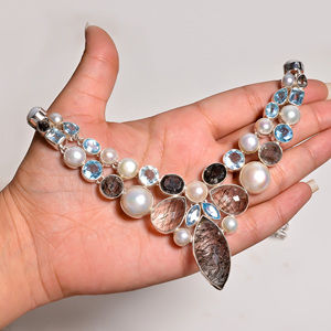Natural Black Rutilated Quartz & Pearl and Blue Topaz <b>Statement</b> <b>Necklace</b> 925 Silver Rose Gold Yellow Gold Plated Jewelry Women - Product Image 2