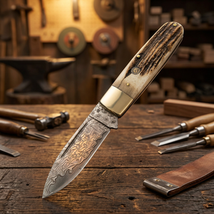 Cuchillo de acero de Damasco con hoja de punta caída y mango de asta de ciervo, cuchillo de caza fabricado en fábrica, cuchillos en venta a bajo precio. - Product Image 1