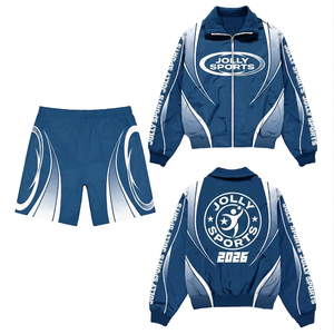 Women Windbreaker Short Set Polyester Spandex Soft Shell Blue Yellow Panel Sublimation Custom Logo Windbreaker Shorts for Men - Product Image 3