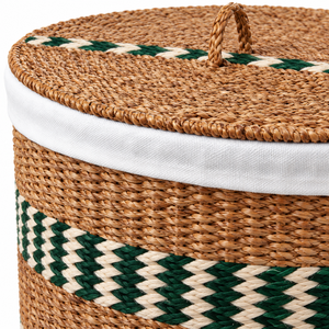 Cesto de Ropa Redondo Clásico Personalizable y Ecológico de Seagrass y Yute con Tapa, Forro de Tela y Diseño Chevron Verde al por Mayor - Product Image 2