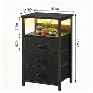 Table de chevet moderne avec éclairage LED, 3 tiroirs en tissu, prises de courant AC, ports USB et étagère ouverte - Product Image 2
