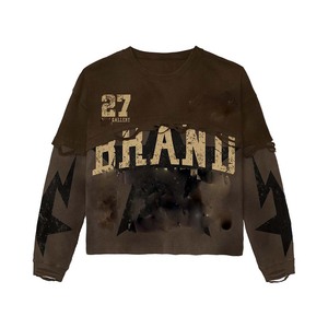 เสื้อยืดผู้ชายผ้าฝ้าย 100% ทรงหลวม พิมพ์ลาย เสื้อยืดผู้ชายผ้าฝ้ายผสมโพลีเอสเตอร์สองชั้น แขนเสื้อแบบดิสเทรส พร้อมโลโก้สั่งทำ - Product Image 1