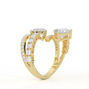 14K 18K Gold <b>Two</b> <b>Stone</b> Heart Cut Lab Grown Diamond Bypass <b>Ring</b> Contemporary Crossover Pave Accent Solitaire Engagement Band - Product Image 4