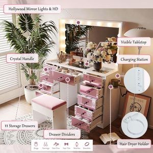 Tavolo da Trucco da 11 Pollici con Piano in Vetro e 15 Luci Stile Hollywood, 3 Modalità di Illuminazione e Luminosità Regolabile - Product Image 4