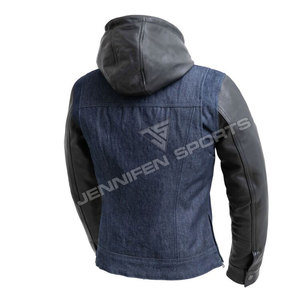 Veste de moto d'hiver coupe-vent pour femme en denim et cuir, avec capuche, fermeture à boutons, coupe ajustée, grandes tailles, poches poitrine. - Product Image 6