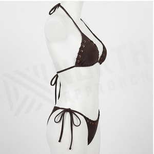 Ensemble de bikini uni pour femme avec détails rivetés, bas à nouer sur les côtés, en spandex et polyester extensible, maillot de bain - Product Image 3