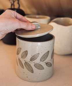 Ceramic Food <b>Storage</b> Containers With Wooden Lids Airtight Handcrafted Cylinder Shape Wabi Sabi Design Kitchen Spice Jars - Product Image 3