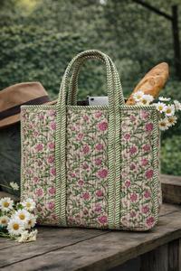Hand Quilted Hand Block Printed Cotton Tote <b>Bag</b> Beautiful Women's Cotton <b>Beach</b> <b>Bag</b> Handmade Print Decoration Shopping Tote <b>Bag</b> - Product Image 5