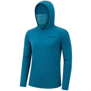Custom <b>Men</b> s Long Sleeve Hooded Fishing <b>Shirt</b> Sun Protection <b>Beach</b> Wear Solid Blue Pullover Top - Product Image 1