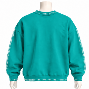 <b>Mens</b> Teal Stitched Border Distressed Crewneck Sweatshirt Loose Fit Pullover <b>Long</b> <b>Sleeve</b> Casual Streetwear Fashion Training <b>Top</b> - Product Image 2