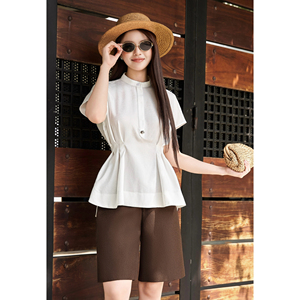 Blusa de Lino y Viscosa Blanca Transpirable para Mujer, Estilo Peplum Floral, Cuello Mandarín, Manga Corta, Ropa Casual de Verano, VENUS - Product Image 1