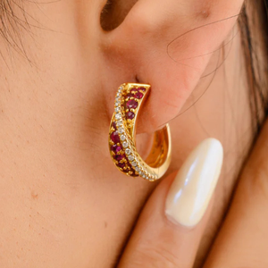 14K Handcrafted Twisted Hoop Earrings with Ruby and Diamond in White Rose or Yellow Gold - Product Image 1