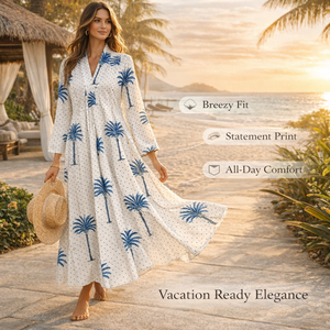 เดรสผ้าฝ้ายพรีเมียมพิมพ์ลายต้นปาล์ม คอวี แขนยาว มีกระเป๋าข้าง สไตล์คาลิ ทรงบานลำลอง สำหรับผู้หญิง ความยาวปานกลาง - Product Image 4