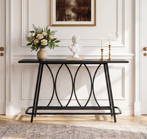 Table console moderne en métal avec base en tréteaux et design ovale pour l'entrée et le salon - Product Image 3