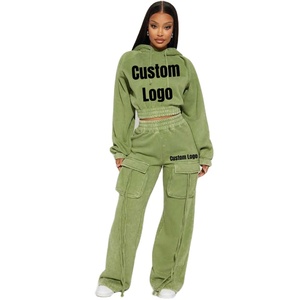 Conjuntos de sudadera y pantalón de gran tamaño para mujer con estilo, sudaderas con capucha de lavado ácido con decoración de cinturón, Tops cortos de otoño e invierno, trajes - Product Image 1