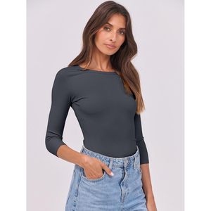 Haut sans bretelles côtelé à manches longues pour femme, coupe ajustée, couleur unie, décontracté, printemps, extensible, mélange de spandex, vintage, respirant - Product Image 2