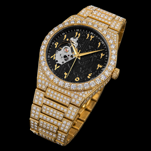 Reloj de pulsera automático de lujo con esfera de números arábigos y diseño de esqueleto con incrustaciones de oro. - Product Image 1