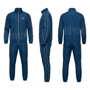 Ensemble de survêtement bleu marine pour homme, manches longues, fermeture éclair, col montant, couleur unie, poches latérales, respirant, en polyester, pour l'automne, coupe classique - Product Image 1