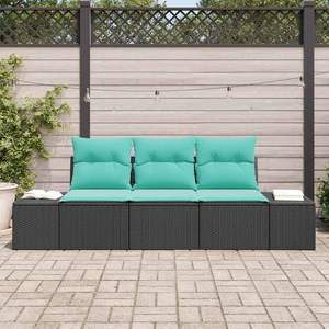 Conjunto de Sofá de Jardín de Ratán Sintético Negro con Cojines, 3 Piezas, Muebles de Exterior Cómodos - Product Image 3