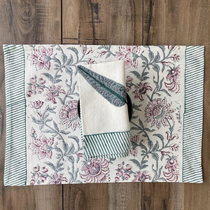 Hand Block Printed Cotton <b>Placemat</b> Set Floral Print Table <b>Placemats</b> with Striped Border Vintage Design Pink and Green - Product Image 1