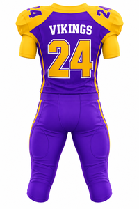 Maillot de football américain personnalisé violet et or, 100 % polyester, imprimé par sublimation, avec pantalon rembourré, gants, chaussettes et chaussures pour équipe - Product Image 2