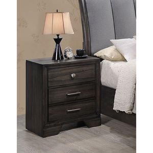 Comodino Contemporaneo in Legno Grigio con Finitura Venatura Scura e Maniglie in Metallo, Due Cassetti - Product Image 2