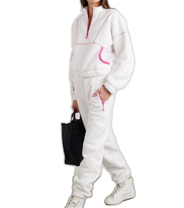 Women White Fleece Tracksuit With Pink Trim Quarter-Zip <b>Hoodie</b> And Side Pockets Casual Winter Wear Full Length Loose Fit - Product Image 3